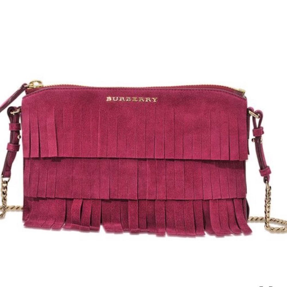 Burberry Peyton Suede Magenta Fringe Crossbody Bag